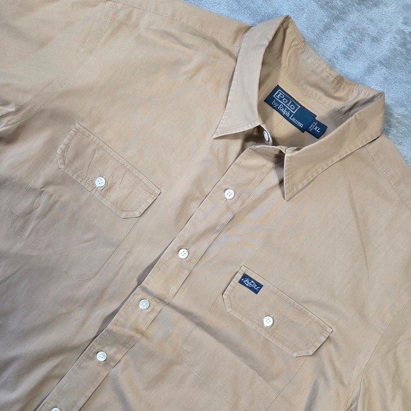 Polo Ralph Lauren Mens XL Short Sleeve Button Down Utility Work Shirt Tan Khaki - Picture 2 of 6